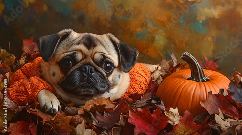Cute pug in cozy orange sweater surrounded by autumn leaves and pumpkin