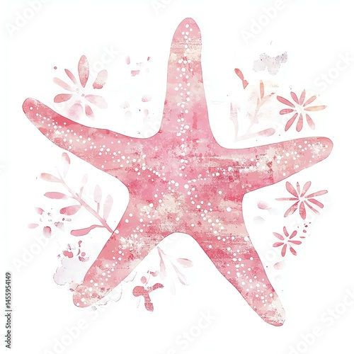 Delicate Pink Starfish Watercolor Painting, Soft Floral Accents on White Background