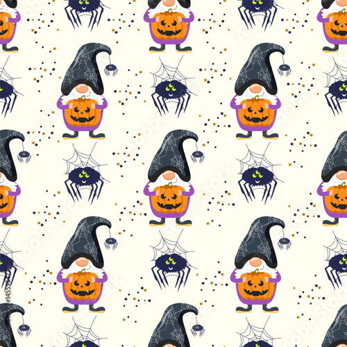 Halloween seamless pattern with gnome holding pumpkin, spider next to web