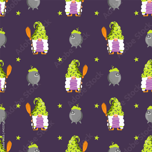 Halloween seamless pattern with cute gnome. Cartoon girl with  green witch hat , cauldron and broom.