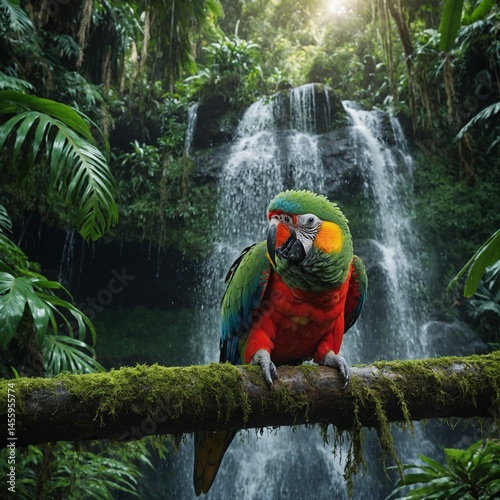 A tropical parrot perched on a branch in a dense rainforest waterfall scene
A tropical parrot perched on a branch in a dense rainforest waterfall scene




