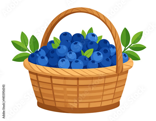 A brimming wicker basket overflowing with plump, juicy blueberries and vibrant green leaves