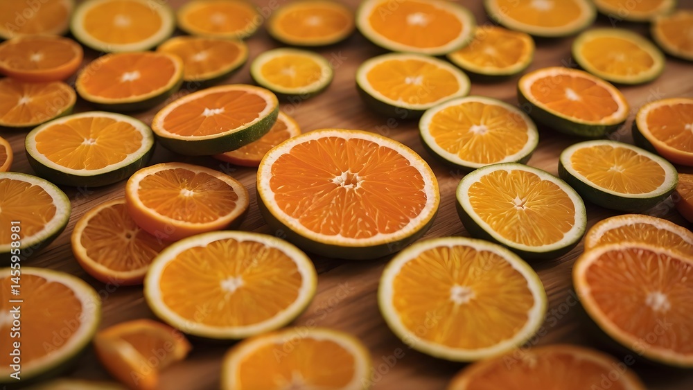 Bright orange citrus slices spread across a wooden surface during a sunny afternoon, showcasing their vibrant colors and fresh appeal Generative AI Bright orange citrus slices spread across a wooden surface during a sunny afternoon, showcasing their vibrant colors and fresh appeal Generative AI
