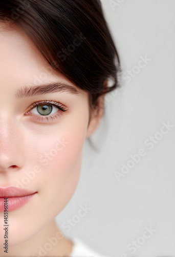 Studio portrait of the beautiful smiling woman on white background. Close-up photo of adorable woman