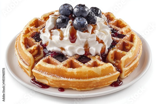 A waffle with whipped cream, syrup, and blueberries on a white plate view