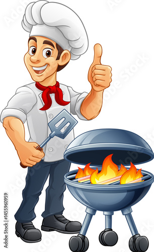 A chef cartoon barbecue cook out brazier cook man giving thumbs up and holding a BBQ spatula mascot character illustration