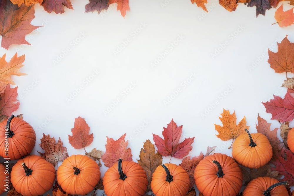 Fototapeta premium Autumn frame with colorful fall leaves and decorative mini pumpkins arranged around a rustic textured background