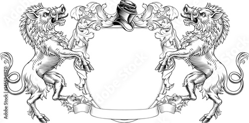 Boars coat of arms or crest family heraldry medieval heraldic knight shield with helmet and acanthus filigree scroll ornament in a vintage woodcut style.