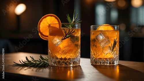 Refreshing orange cocktails served with ice and garnished with rosemary at a cozy bar setting in the evening Generative AI
