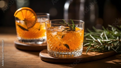 Refreshing orange cocktails served on a wooden platter with rosemary garnish, perfect for social gatherings or casual evenings Generative AI
