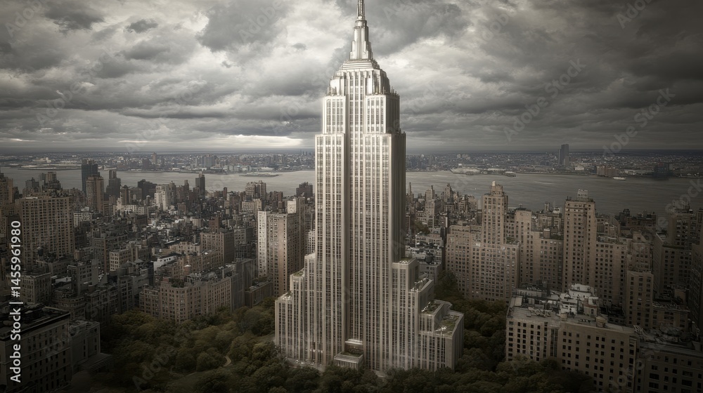 Naklejka premium Gotham's Majesty Timeless Architecture New York City Skyline Against Dramatic Sky Urban Panorama Iconic Building Monochrome Grandiose