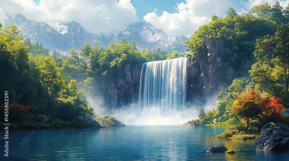 Fototapeta premium The powerful roar of a waterfall echoes through the surrounding forest, a testament to the raw power of nature.