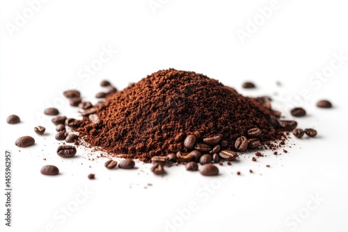 Wallpaper Mural A mound of ground coffee with scattered beans on a bright white surface Torontodigital.ca