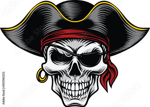 A pirate skull in a captain hat skeleton vintage woodcut style design