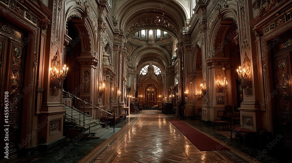 Fototapeta premium The solemn beauty of a Jewish synagogue, with its ornate Ark and the soft glow of candlelight.