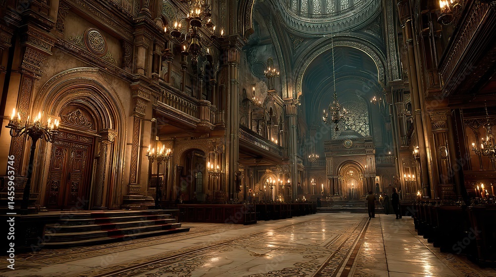 Fototapeta premium The solemn beauty of a Jewish synagogue, with its ornate Ark and the soft glow of candlelight.