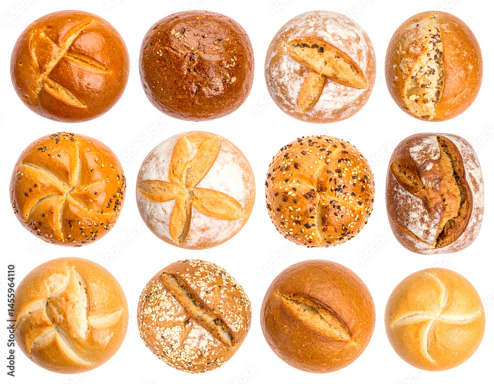 Assortment of twelve artisan bread rolls, bakery selection, freshly baked Assortment of twelve artisan bread rolls, bakery selection, freshly baked