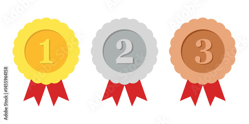 Set of gold, silver and bronze medals. First, second and third place award.