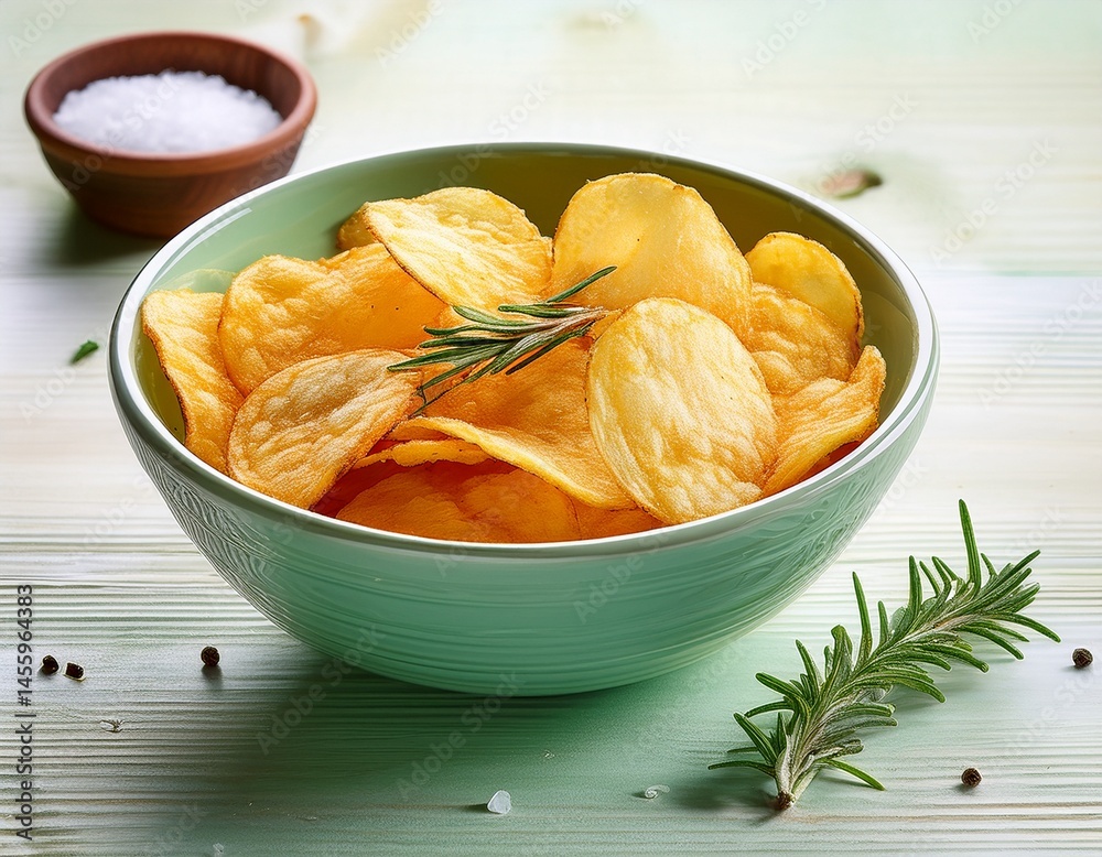 Potato chips with rosemary and salt in a pale green ceramic bowl on white wooden table. Generated image Potato chips with rosemary and salt in a pale green ceramic bowl on white wooden table. Generated image