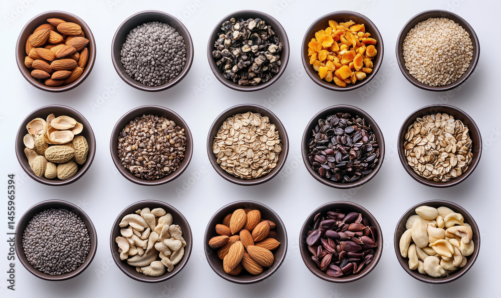Variety of nuts and seeds in bowls arranged in a grid pattern on white background. Variety of nuts and seeds in bowls arranged in a grid pattern on white background.