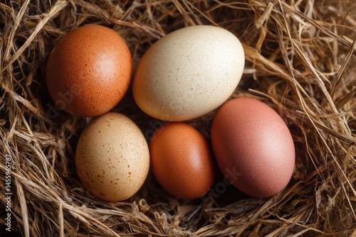 Five farm-fresh eggs nestled in a hay nest.