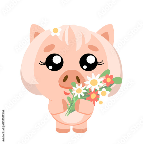 Cute Pig with Flowers, Kawaii Animal Illustration for Kids