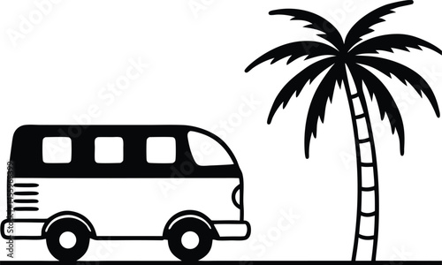 Vector illustration of a white tourist bus, a vehicle for travel, on the beach