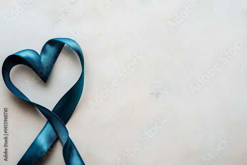 Blue ribbon with heart symbol on light background for cancer awareness