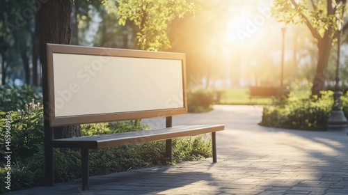 Blank billboard on park bench sunny daytime outdoor advertising mockup