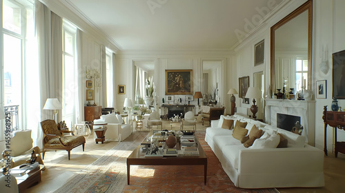Spacious Parisian apartment with a light and airy feel.  High ceilings, large windows,  classic furniture, neutral color palette, and artwork throughout