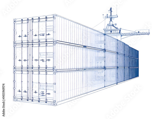 Blueprint of Stacked Shipping Containers and Crane