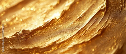 Gold paint shows textured brushstrokes shining intensely, creating abstract pattern.