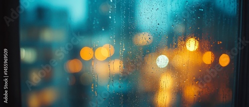 Raindrops cling to a windowpane with bokeh lights from cityscape creating an atmospheric effect during a rainy night.