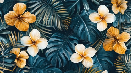 Tropical flowers and palm leaves background