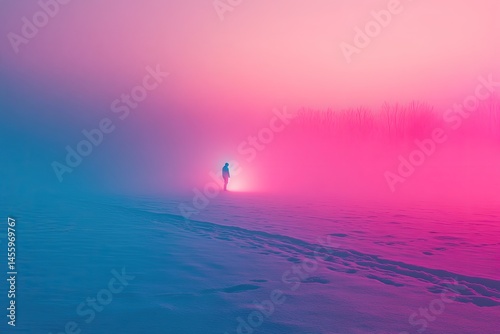 Silhouette figure in vibrant winter landscape