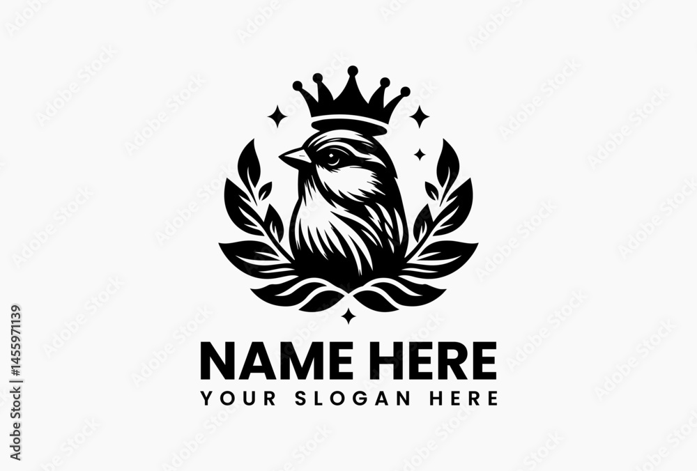 Vintage sparrow with royal crown and botanical flower detailing in ornate vector logo, representing timeless elegance, heritage, and classic beauty  