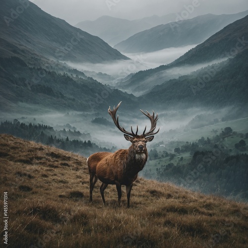 A stag standing in a misty valley with mountains in the distance


