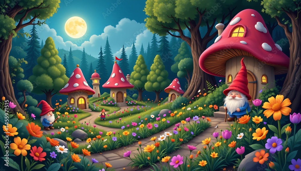 Obraz premium a whimsical illustration of a gnome village nestled in a forest, with tiny mushroom houses glowing under soft moonlight