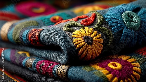 Vibrant textile with intricate patterns and bold colors, showcasing traditional craftsmanship.