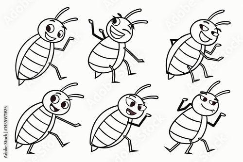 Cartoon Bugs Outline Illustration with Happy Expressions, Perfect for Coloring Pages or Educational Resources for Children.