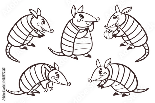 Cute Cartoon Armadillos Outline Illustration, Ideal for Children's Coloring Books, Vector Design, Animal Lineart, Educational Materials.