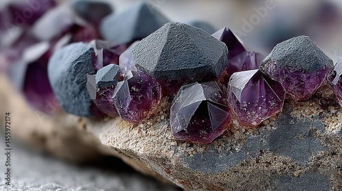 Violet crystals grow in clusters within a geode, their sharp edges reflecting the ambient light.