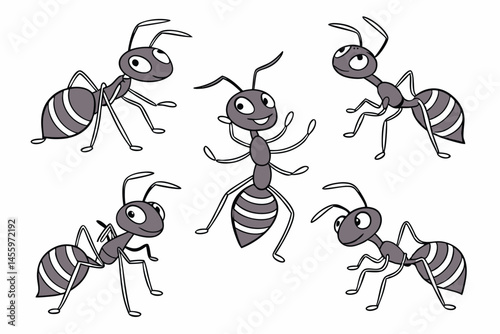 Cartoon ants collection, cute vector illustrations of small insect characters with funny faces and striped bodies on isolated background.