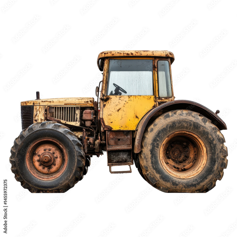 Fototapeta premium Vintage tractor parked on an agricultural field in rural area under cloudy sky