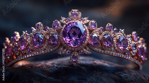 Violet gemstones adorn a tiara, signifying royalty, elegance, and prestige worn by queens and princesses.