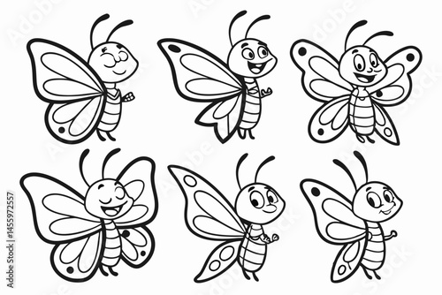 Cute Cartoon Butterflies Set for Coloring Book or Children's Educational Materials, Black and White Outline, Vector Illustration.