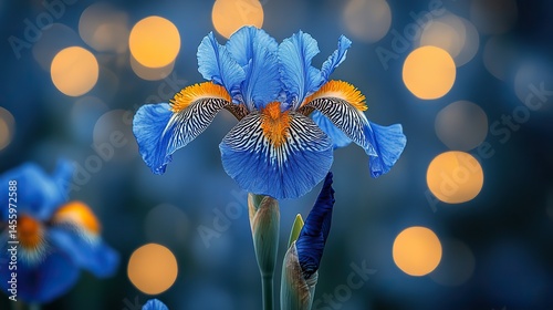 Violet irises stand tall and elegant in a cultivated garden, their intricate petals a marvel of natural design.