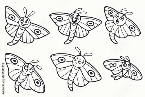 Set of Cute Cartoon Moths, Line Art Vector Illustrations for Coloring Books and Creative Designs.