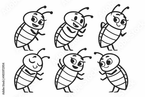 Cute Cartoon Beetle Characters with Different Emotions, Black and White Vector Line Art Illustration, Isolated on White Background.