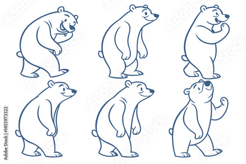 Set of Cartoon Polar Bear Illustrations with Different Poses in Blue Outline Vector Style.